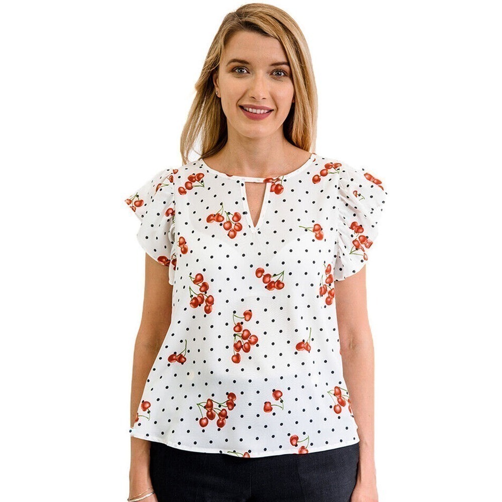 Cherries & Polka Dots on White Keyhole Blouse w Cap Sleeves Sz Small - Hey Viv